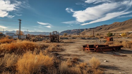 Desolate Landscape Featuring Rusted Machinery and Dry Grasses Under a Clear Blue Sky