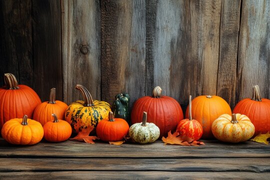 A rustic autumn harvest bounty of pumpkins and gourds arranged against a weathered wood backdrop, showcasing a spectrum of warm fall colors and textures.