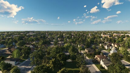 Picturesque Suburban Neighborhood Scene with Lush Greenery and Blue Sky View
