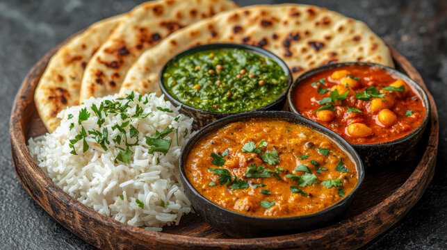 A vibrant Indian thali featuring flavorful curries, fluffy basmati rice, and warm naan bread.  A delicious and visually appealing culinary experience.