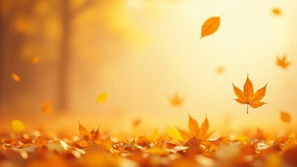 A crisp autumn-themed graphic with scattered golden leaves and warm orange hues, soft bokeh effect, perfect for seasonal marketing materials