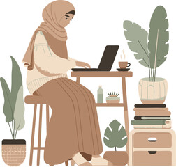 Muslim Woman Working from Home, Cozy Earth Tones, Minimalist Illustration