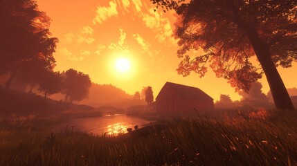 Captivating rural landscape bathed in golden light during sunset over water