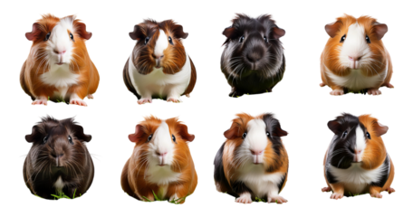 Cute and Adorable Guinea Pigs in Various Poses and Colors, PNG bundle collection, Isolated on Transparent Background