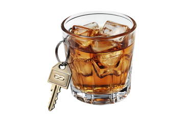 Car keys in a glass with whiskey and ice isolated on transparent background
