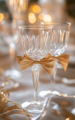 Festive Wine Glasses Decorated with Gold Ribbons for Holiday Celebration