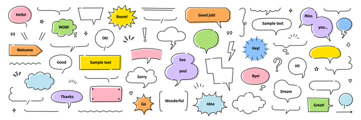 Line frame text speech bubble set. Line balloon frame design talk speech bubble frame. Comic japan style design conversation text dialog balloon, simple doodle thinking cloud. Vector illustration