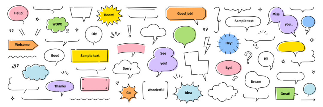 Line frame text speech bubble set. Line balloon frame design talk speech bubble frame. Comic japan style design conversation text dialog balloon, simple doodle thinking cloud. Vector illustration