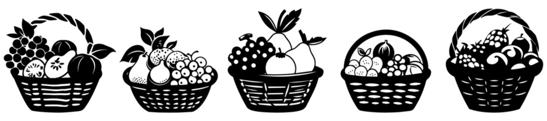 Fruit Basket Silhouette Vector Set, Black and White Fresh Produce Design for Graphics