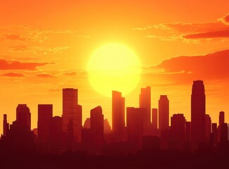 City Skyline Silhouette at Sunset with Warm Golden Light