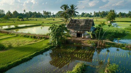 Obraz premium A rural Khmer house with roads and canals, surrounded by vibrant rice fields and plants. stock photo --ar 16:9 --style raw --v 6 Job ID: 9aaf15ab-608c-4ccb-a0ea-ad96677035d8