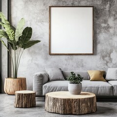 Modern, rustic living room featuring a blank canvas, a gray couch, and wooden accent pieces