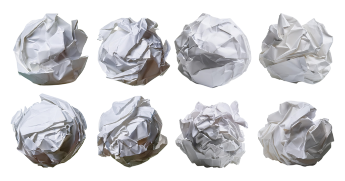 Crumpled White Paper Balls on Dark Background for Creative Projects, isolated on transparent background