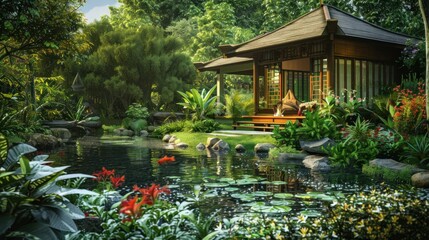 Fototapeta premium A small dream house with a lush garden and a serene fish pond surrounded by nature. stock photo --ar 16:9 --style raw --v 6 Job ID: ccfbd173-4c49-4b4d-b206-16683f850294