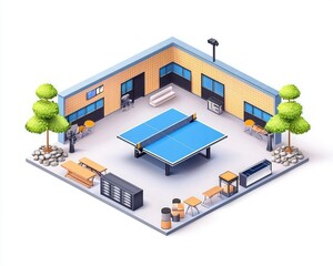 A vibrant illustration of a ping pong area featuring a blue table, seating, and outdoor elements, showcasing a lively recreational space.
