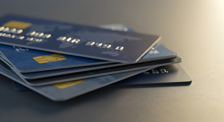 Stack of Blue and Gray Credit Cards on a Dark Surface with Golden Accents Representing Financial Security