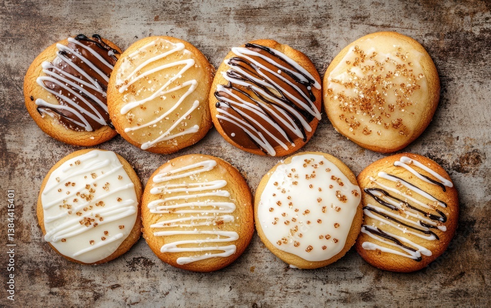 Poster iced round cookies on rustic background
