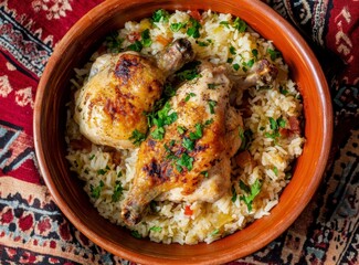 Roasted Chicken with Rice Pilaf in Rustic Bowl Garnished with Parsley