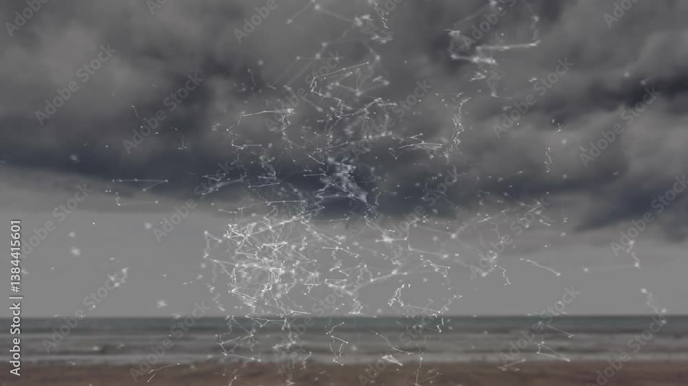 Poster network of connections and data processing animation over stormy beach scene