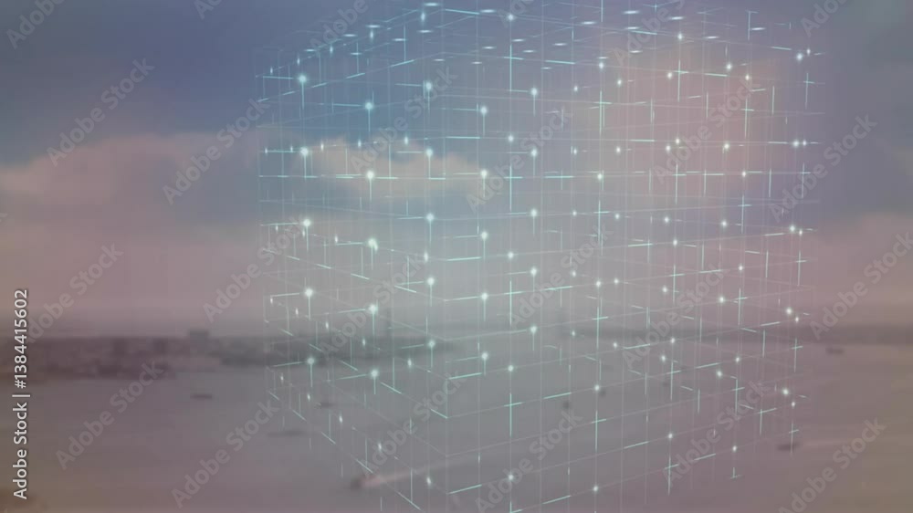 Poster glowing nodes in digital grid structure above cityscape and cloudy sky animation