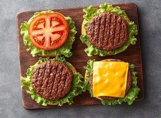 Preparing Open Faced Burgers with Lettuce Tomato and Cheese on Board