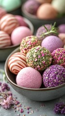 A collection of colorful bath bombs displayed in various ceramic bowls
