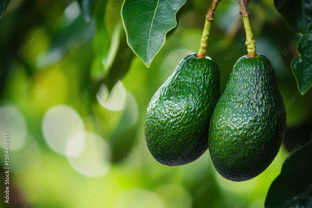 Poster ripened avocados hanging from a branch in a lush orchard with a soft blurred background