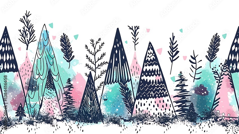 Poster an illustrative image displaying several trees and mountains elements