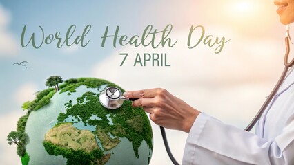 Medical professional checking a globe with a stethoscope for World Health Day.
