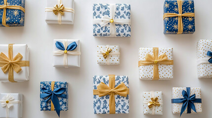 A selection of white and blue gift-wrapped presents for Christmas, birthdays, or Valentine's Day, adorned with gold ribbon bows, isolated on a clean white background.