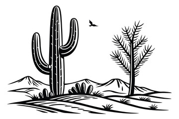 Vector illustration of a cactus in the desert with a silhouette of buildings and a tower in the background
