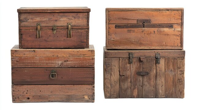 Rustic wooden chests isolated on white background