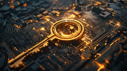 Golden Key on Circuit Board Background Representing Digital Security