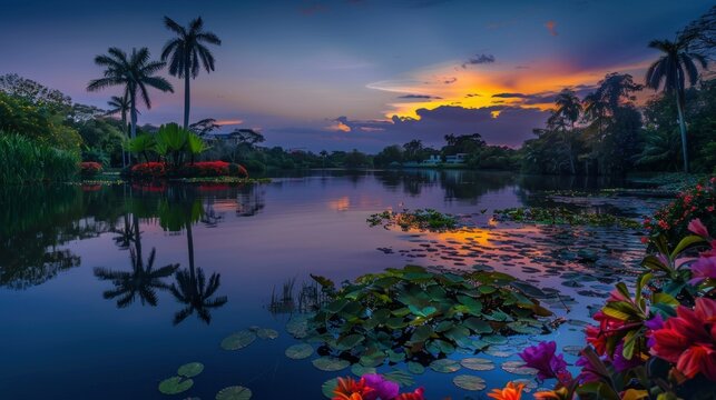 A lake at dusk, surrounded by vibrant flowers and palm trees, with the sky turning dark. stock photo --ar 16:9 --style raw --v 6 Job ID: f2c315fd-c6b0-4e75-9bc0-848a33bb29aa
