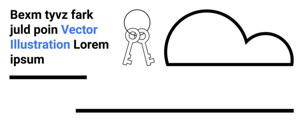 Two crossed keys symbolize access and security beside a large cloud shape. Text elements and minimal lines add balance. Ideal for technology, cloud storage, security, access, keys, data management