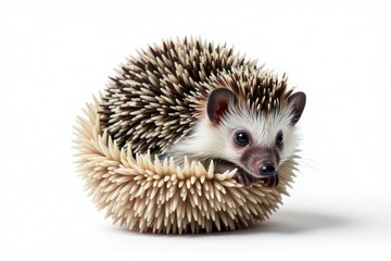 Fototapeta premium Tiny hedgehog on pure white background, curled in a ball , insectivore, simple, brown