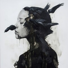 Fototapeta premium Dark Birds: A Surreal Portrait of Melancholy