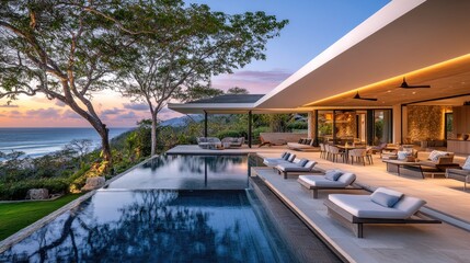 Fototapeta premium Luxurious villa with infinity pool overlooking a scenic ocean view at sunset