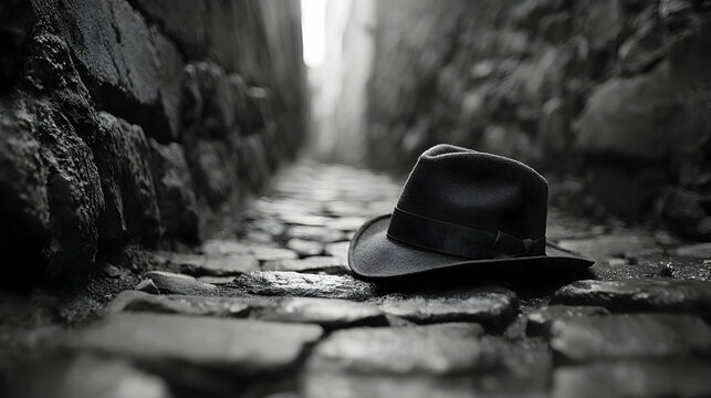 Fototapeta Black Hat on a Wet Cobblestone Alley