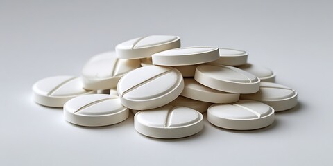 A neatly arranged pile of round white tablets on a clean surface, each pill featuring a score line, ideal for medical, pharmaceutical, or health-related concepts
