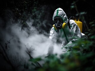 Obraz premium Person dressed in protective white suit and yellow black gas mask for safe handling of hazardous chemicals outdoors