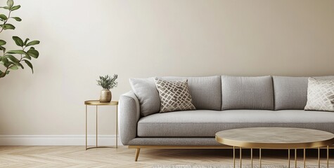 Fototapeta premium Modern living room with a light neutral color palette. A stylish gray sofa, gold accents, and a simple plant display
