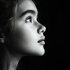 Fototapeta premium A thoughtful young girl gazing upward, captured in dramatic black and white lighting.
