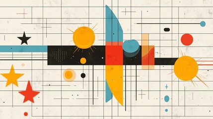 Abstract modern composition with stars, circles and geometric shapes artwork