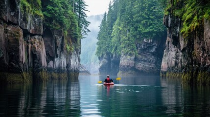 Kayaker paddles through a serene, foggy fjord surrounded by lush greenery and dramatic cliffs.