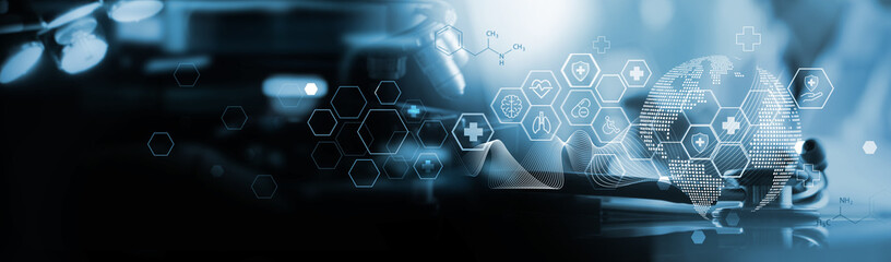 Medical technology, online health, global health network and tourism concept. Doctor using digital...