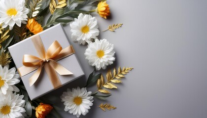 Gray Gift Box with Gold Ribbon on Flowers Background. Top View of Teacher Day Gifts with Copy Space