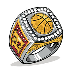 Design a bold, vector illustration of a championship ring, emphasizing strong lines and impactful design.  Include sparkling gems.