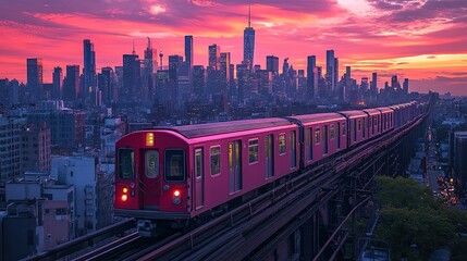 Fototapeta premium Elevated train traversing NYC skyline at sunrise