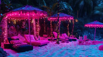 Pink Beach Night Party Under Umbrellas